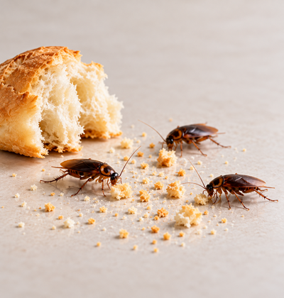 Cockroaches eating bread crumbs on a clean table